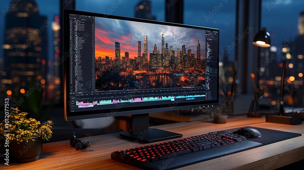 Wide angle shot of a computer monitor displaying video editing software on wooden desk with a keyboard Wide angle shot of a computer monitor displaying video editing software on wooden desk with a keyboard