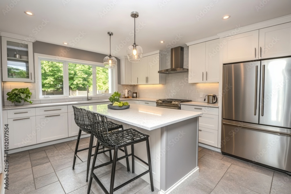 White and gray kitchen corner with table and island, Generative AI