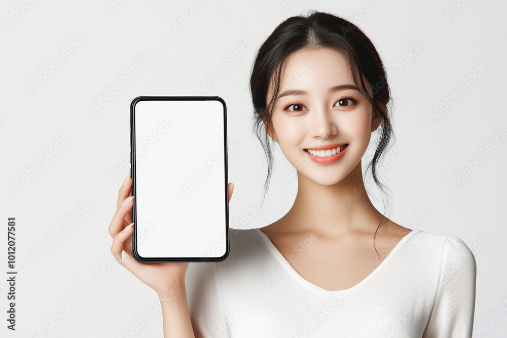 Smiling Woman Holding Smartphone with White Screen Smiling Woman Holding Smartphone with White Screen
