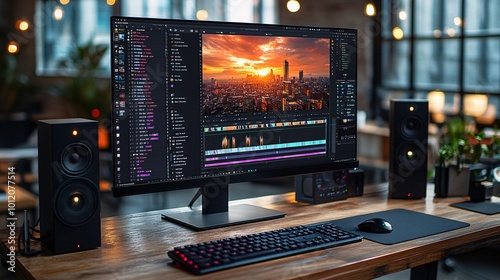 Wide angle shot of a computer monitor displaying video editing software on wooden desk with a keyboard
