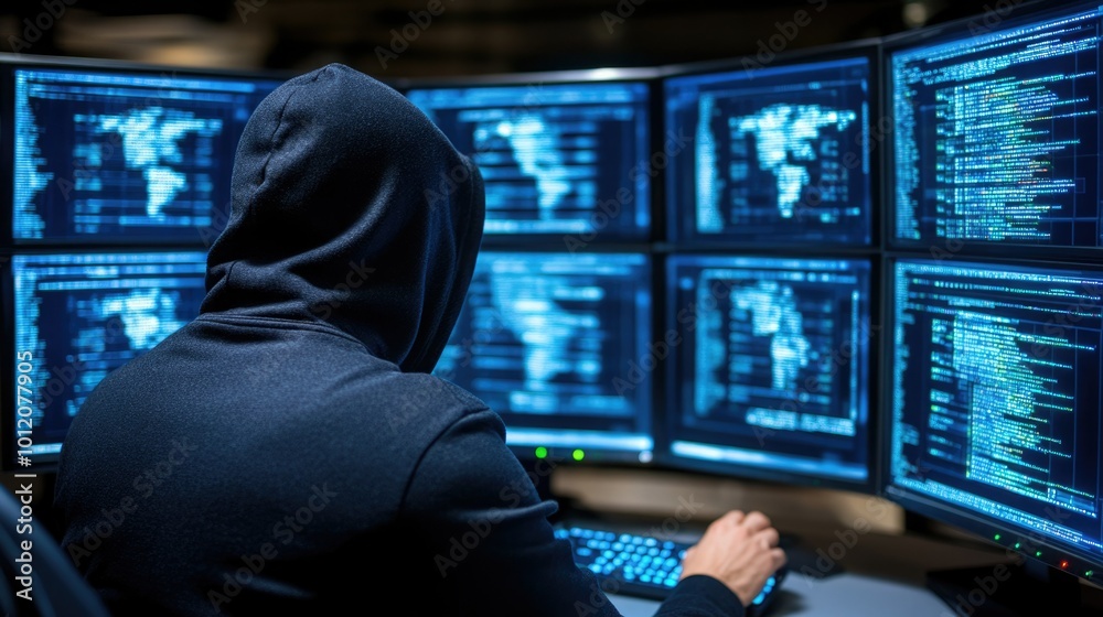 Mysterious figure engaged in data analysis on multiple computer screens in a dimly lit room Mysterious figure engaged in data analysis on multiple computer screens in a dimly lit room