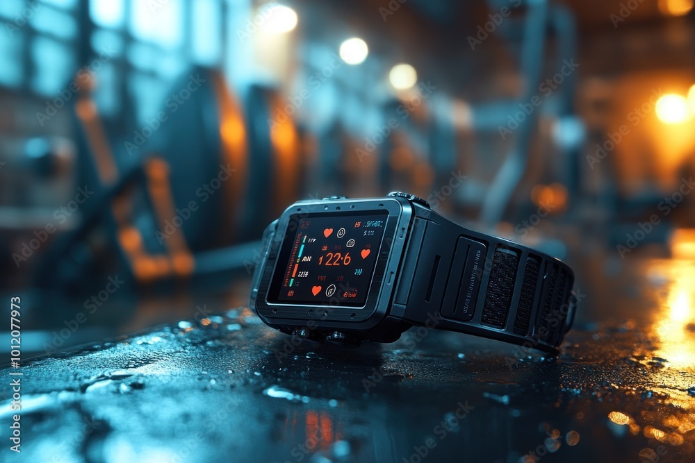A black smartwatch with a bright, colorful screen displaying fitness data, rests on a wet surface in a gym setting. A black smartwatch with a bright, colorful screen displaying fitness data, rests on a wet surface in a gym setting.