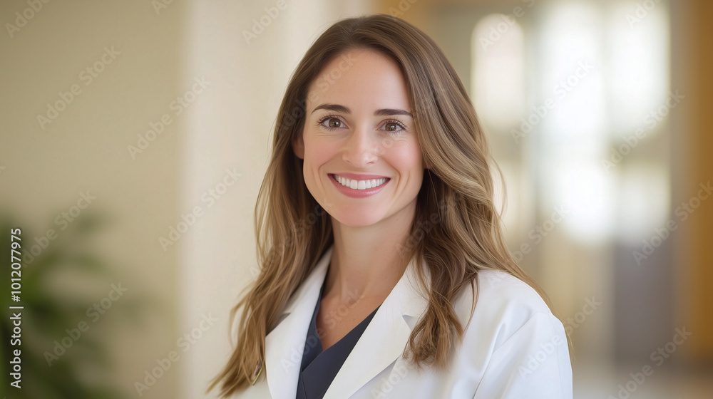 Capture a close-up headshot of a cheerful female healthcare professional in a lab coat, smiling confidently at the camera. Set against a bright, inviting clinic office background, Capture a close-up headshot of a cheerful female healthcare professional in a lab coat, smiling confidently at the camera. Set against a bright, inviting clinic office background,