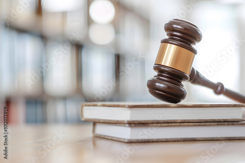 Judge’s Gavel with Books on Wooden Table | Symbol of Legal Authority and Justice in Courtroom Settings photo