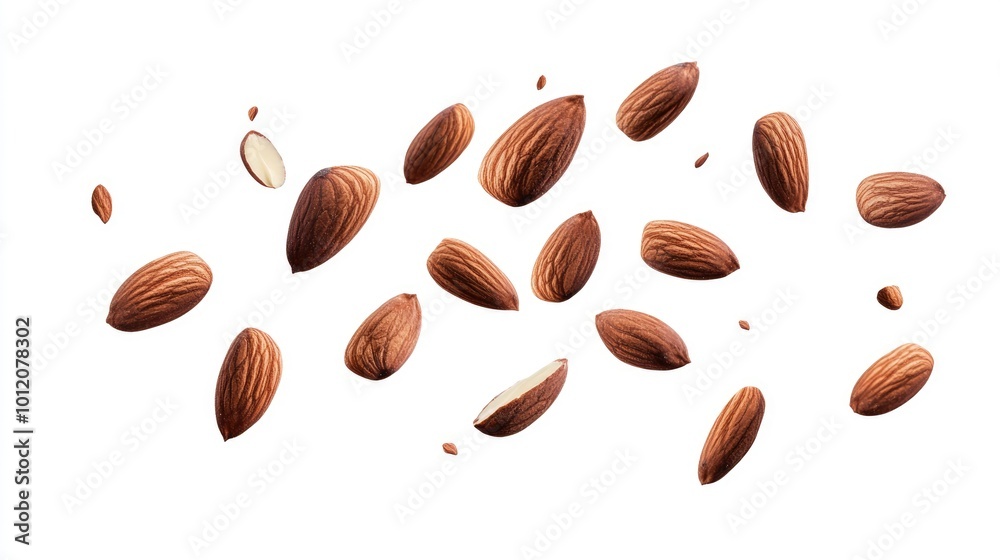 Aerial Almonds: A Collection of Fresh Almonds Falling in Flight on White Background