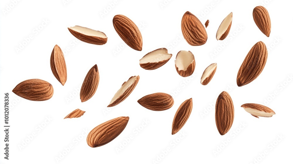 A Pile of Almonds Floating in the Air against a White Background A Pile of Almonds Floating in the Air against a White Background