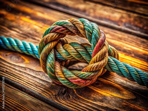 Detailed Close-Up of a Sheepshank Knot Tied with Natural Twine on a Rustic Wooden Background photo