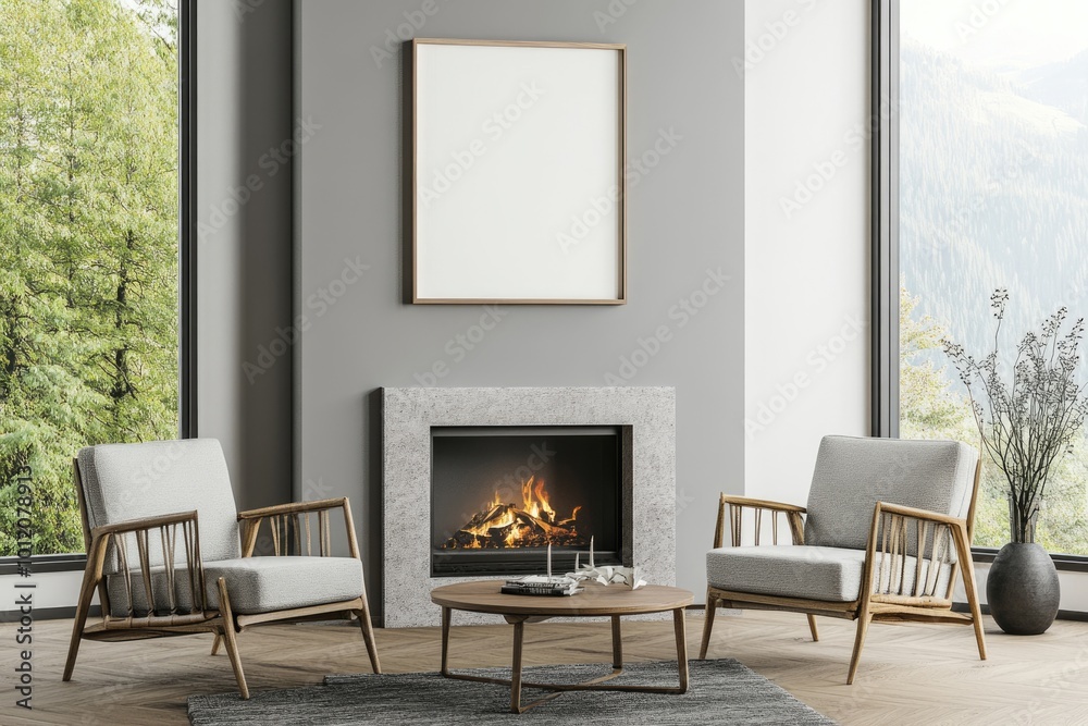 Fototapeta premium Cozy Living Room Interior with Grey Armchairs, Fireplace and Panoramic Window, Mockup Frame
