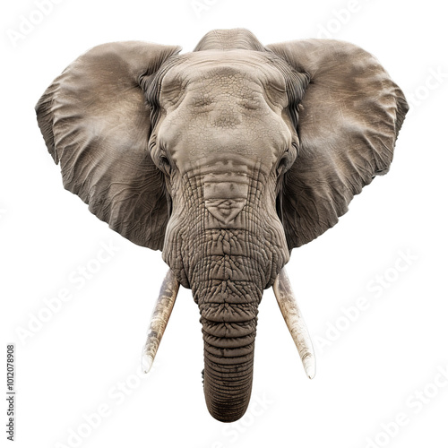 Powerful african elephant staring straight ahead with large tusks and trunk on white background photo