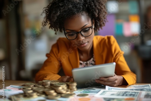 Black businesswoman with tablet, coins and banknotes with credit, Generative AI