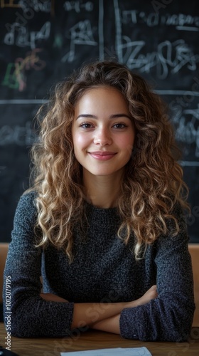 Vertical portrait of curly young female teacher smiling while sitting on desk against blackboard looking at camera in classroom, Generative AI