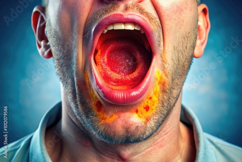 Detailed close-up of inflamed throat tissue illustrating symptoms of strep throat infection and pain photo