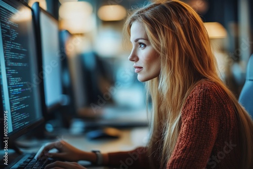 Businesswoman Using Computer At Workplace, Generative AI