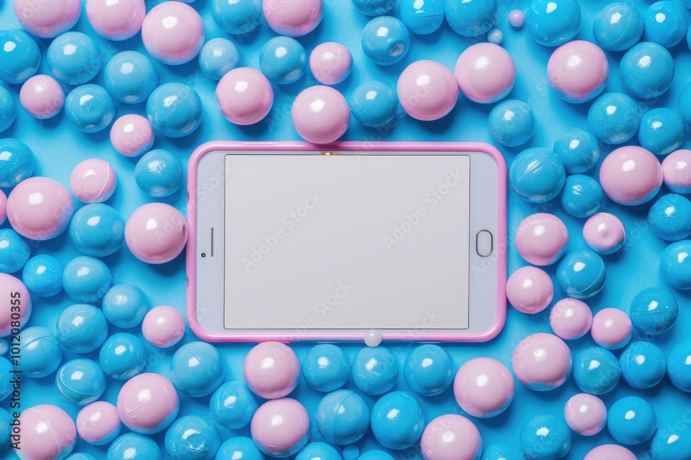 Blue balls background with pink frame and white screen for text, top view. The design is minimalistic and simple. It features an empty blank horizontal billboard in the center of composition Blue balls background with pink frame and white screen for text, top view. The design is minimalistic and simple. It features an empty blank horizontal billboard in the center of composition