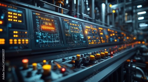 Wallpaper Mural Futuristic control panel with glowing digital displays and buttons. Torontodigital.ca