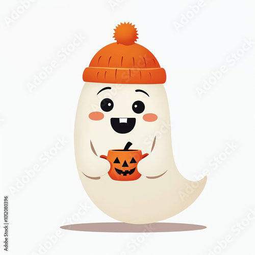 a cartoon character, a ghost with a smiling face, wearing an orange hat, holding a small pumpkin bucket