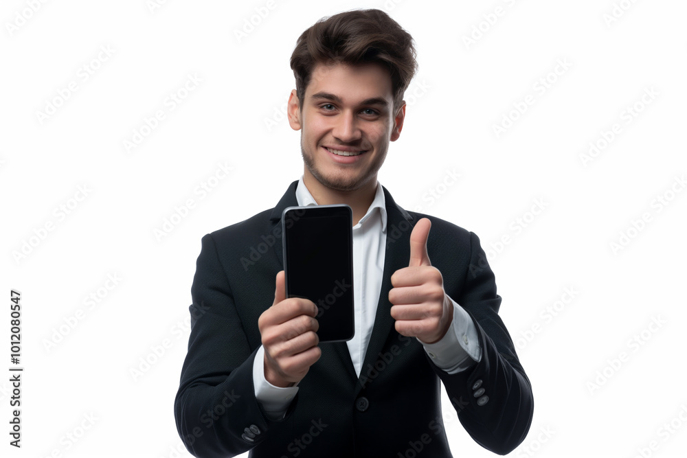 Young Man in Suit Holding Smartphone and Giving Thumbs Up professionalism, satisfaction, and modern digital solutions. Young Man in Suit Holding Smartphone and Giving Thumbs Up professionalism, satisfaction, and modern digital solutions.