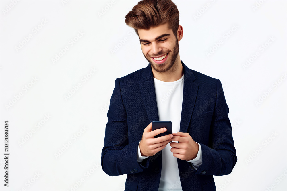 Businessman in Navy Suit Smiling While Using Smartphone Modern communication, technology, happiness, and engagement. Businessman in Navy Suit Smiling While Using Smartphone Modern communication, technology, happiness, and engagement.