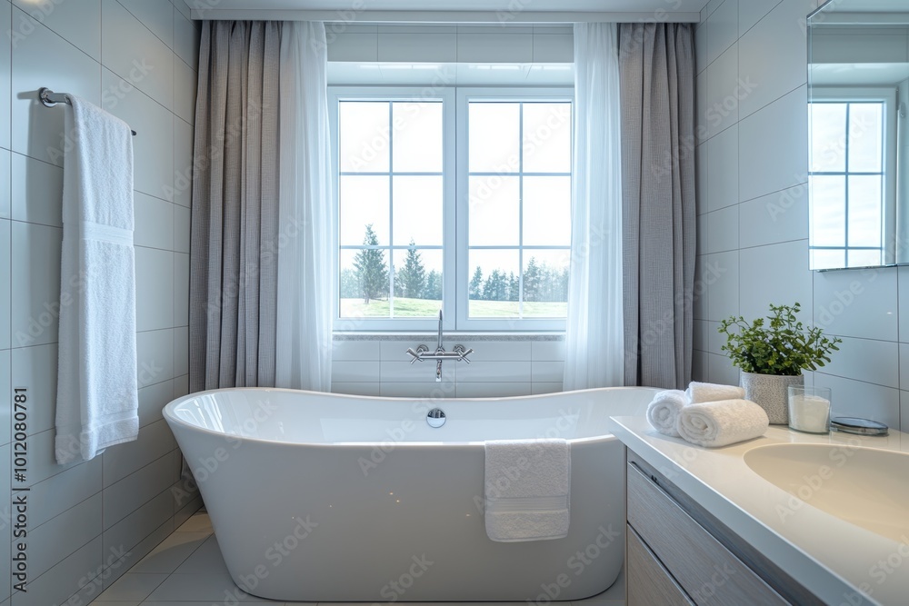 White hotel bathroom interior with tub and shower, window and mockup wall, Generative AI White hotel bathroom interior with tub and shower, window and mockup wall, Generative AI