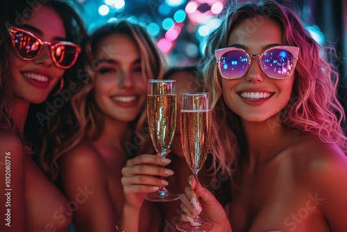 Close up group of women holding champagne glasses to camera while partying in neon light, Generative AI photo