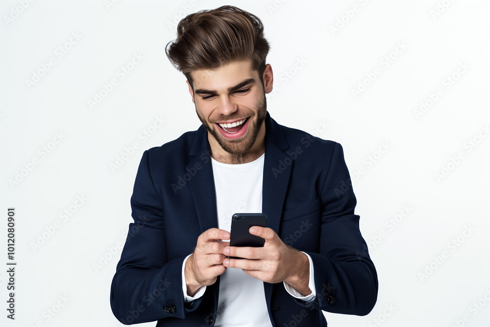 Happy Young Man Using Smartphone in a Navy Suit isolated on white background, Technology, communication, and success. copy space Happy Young Man Using Smartphone in a Navy Suit isolated on white background, Technology, communication, and success. copy space