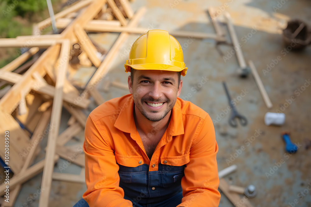 Smiling worker on roof construction on ledder with work uniform an hard hat Smiling worker on roof construction on ledder with work uniform an hard hat