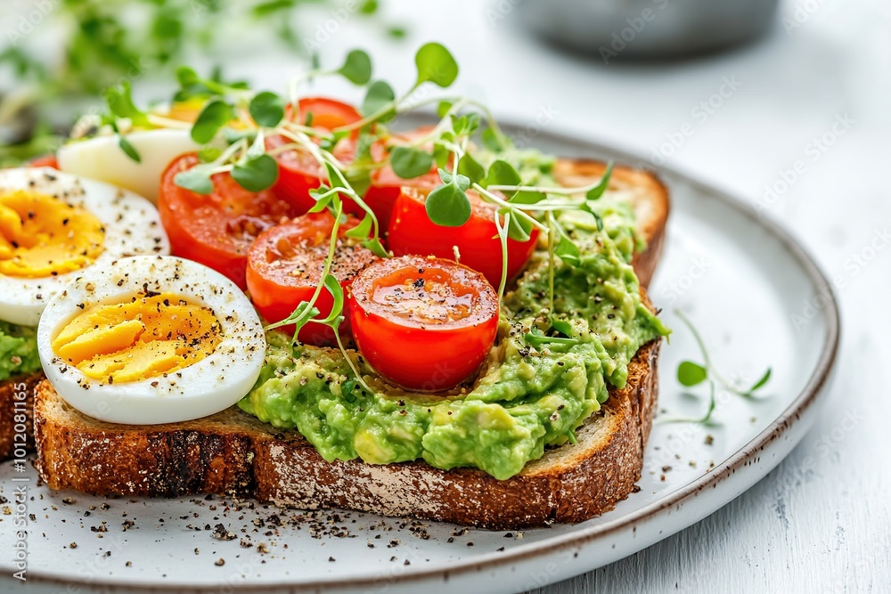 Delicious toast bread with avocado, boiled egg, tomatoes and microgreen Delicious toast bread with avocado, boiled egg, tomatoes and microgreen