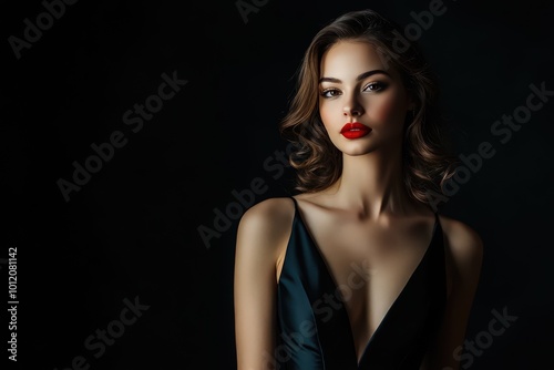 photo a stunning woman standing tall with legs, exuding mystery , dressed in a form-fitting, dark-colored dress silk. She wears bold red lipstick and has perfectly styled hair cascading waves