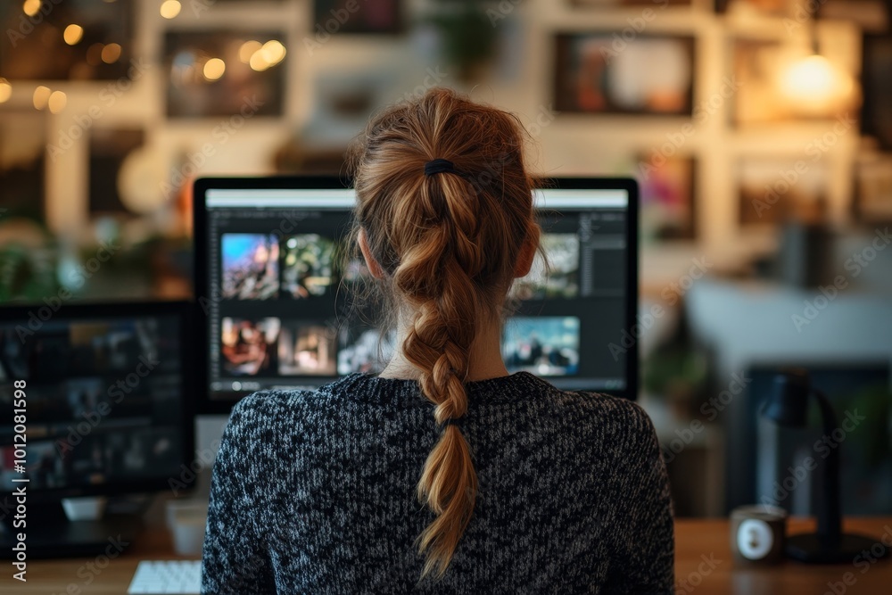 Young woman working on computer in home office and editing photos, view from back, Generative AI Young woman working on computer in home office and editing photos, view from back, Generative AI
