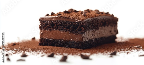 A decadent chocolate cake slice, with rich layers of chocolate ganache and a dusting of cocoa powder, set against a pristine white background