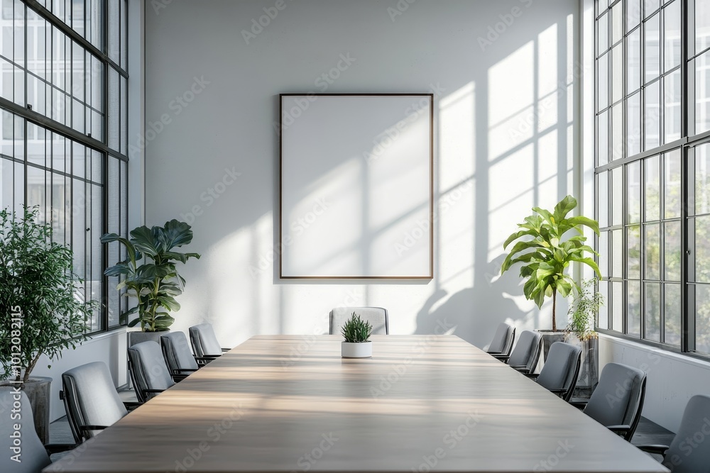 Light office room with meeting and manager cabinet, window and mockup frame, Generative AI Light office room with meeting and manager cabinet, window and mockup frame, Generative AI