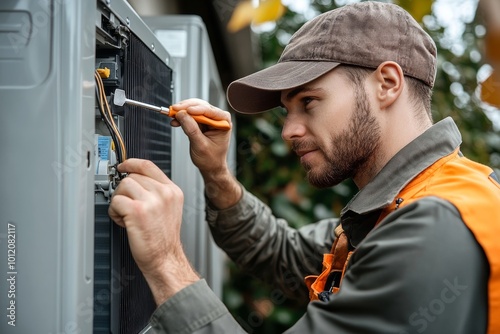 Male Technician Repairing Air Conditioner With Screwdriver, Generative AI