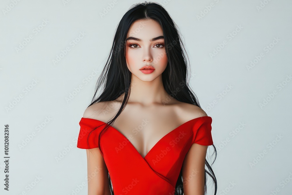 photo beautiful woman, with perfect shapes, in a red short dress and with makeup. Standing straight. hands straight . confident look . no background photo beautiful woman, with perfect shapes, in a red short dress and with makeup. Standing straight. hands straight . confident look . no background