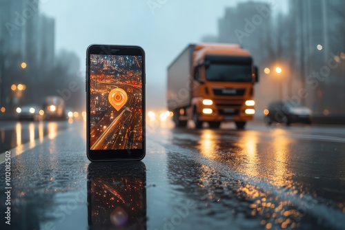 Smartphone with city building, truck on road and geotag, Generative AI