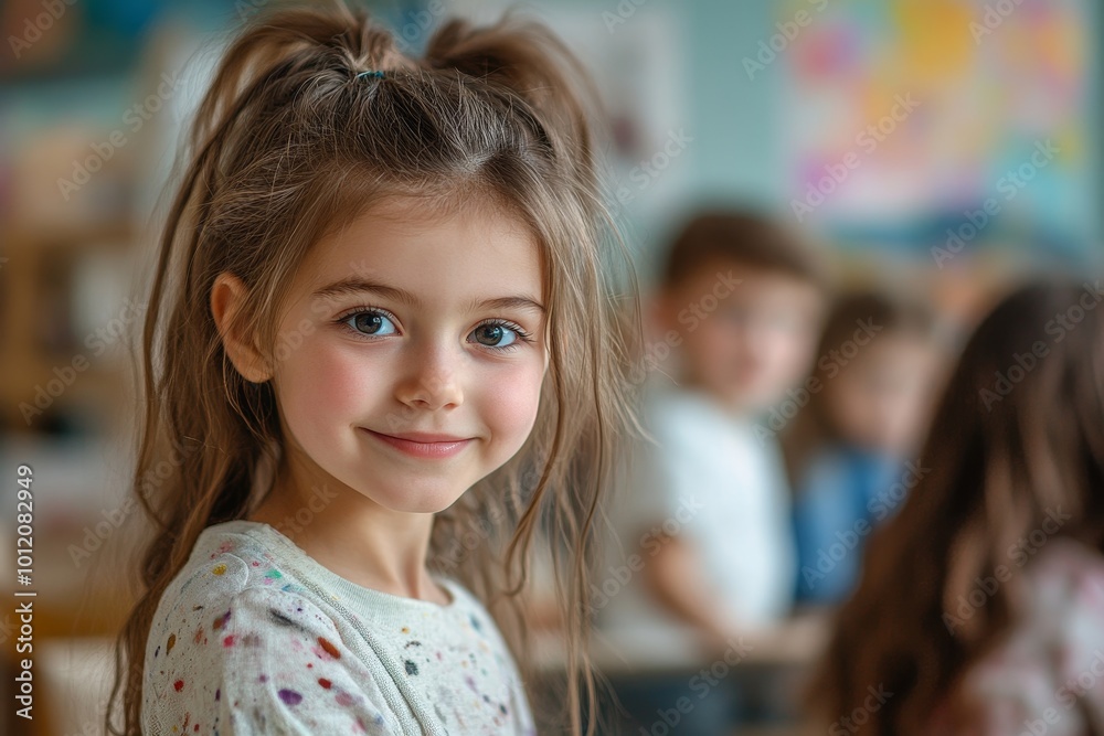 Portrait of cute little girl looking at camera while enjoying art class with group of children, copy space, Generative AI Portrait of cute little girl looking at camera while enjoying art class with group of children, copy space, Generative AI