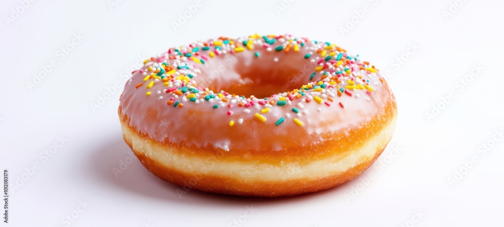A single, perfectly glazed donut with colorful sprinkles and a glossy finish, captured against a stark white background A single, perfectly glazed donut with colorful sprinkles and a glossy finish, captured against a stark white background