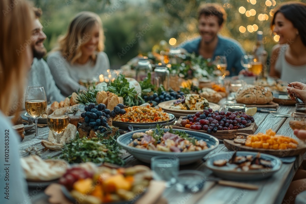 Diverse group of people enjoying dinner together outdoors in Summer sitting at table with delicious homemade feast, Generative AI Diverse group of people enjoying dinner together outdoors in Summer sitting at table with delicious homemade feast, Generative AI