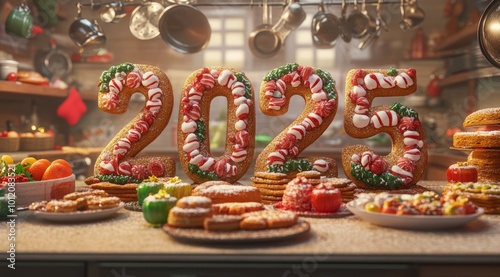 The numbers "2025" are crafted from various holiday foods, such as gingerbread cookies, candy canes, and frosted cakes, all arranged on a kitchen counter. 