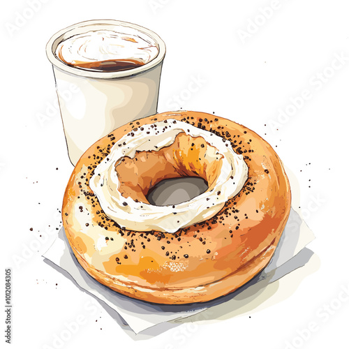 Watercolor Bagel with Cream Cheese and Coffee Illustration