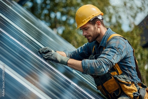 Male Plumber Repairing Solar Energy Boiler, Generative AI