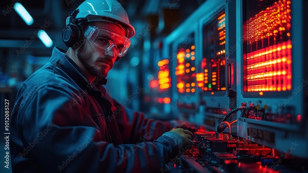 A young man in a hard hat and safety glasses works on a complex machine in a dimly lit factory. A young man in a hard hat and safety glasses works on a complex machine in a dimly lit factory.