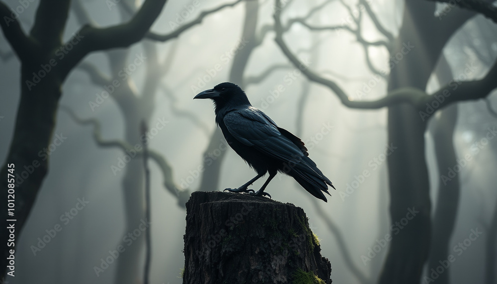 Wet black raven in a foggy, dark forest, eerie calm filling the air as twisted trees arch above. Wet black raven in a foggy, dark forest, eerie calm filling the air as twisted trees arch above.