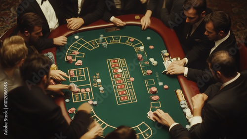 A thrilling night of blackjack where players strategize at a vibrant casino table surrounded by anticipation and excitement photo