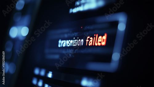 Close-up of a computer screen displaying an error message about a failed transmission with bright red text and digital elements