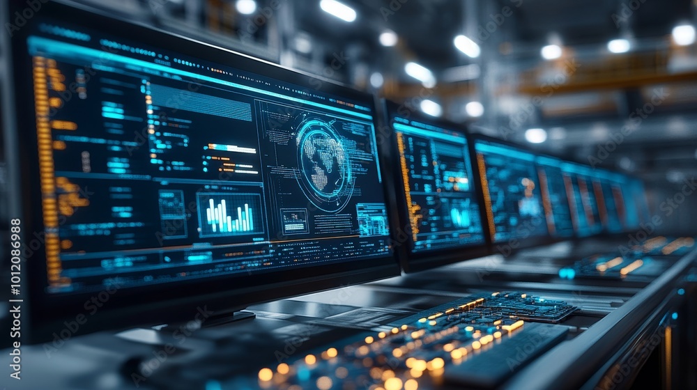 Naklejka premium Industrial Data Automation System On Computer, Generative AI