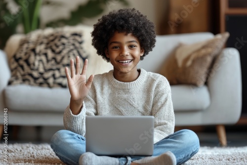 Portrait of teenage African-American boy sitting on floor at home or in college dorm and waving to camera wile speaking by video chat online, copy, Generative AI photo