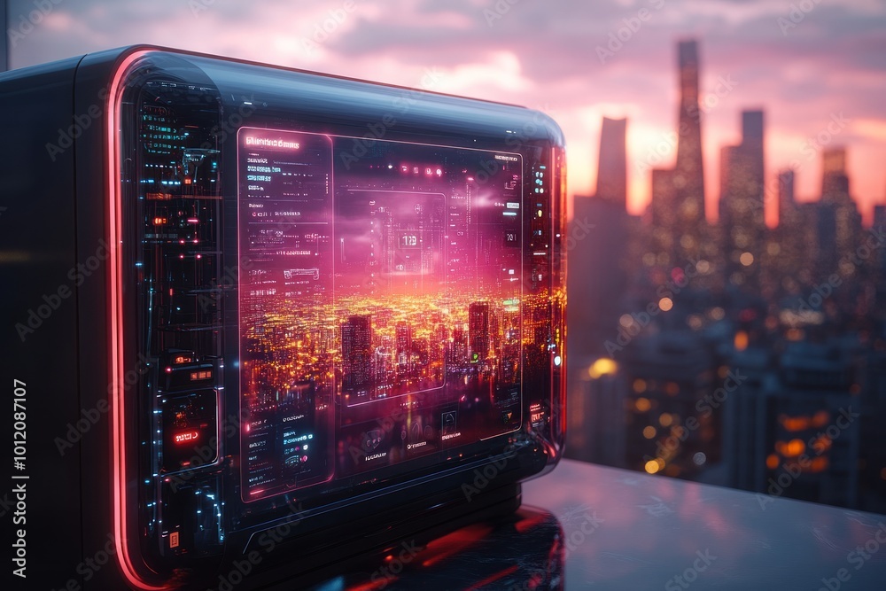 Futuristic computer with a city skyline view on the screen. Futuristic computer with a city skyline view on the screen.