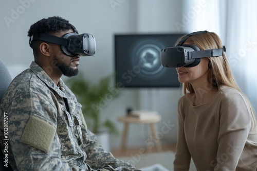 Minimal portrait of army veteran using VR technology in mental health session with female therapist copy space, Generative AI