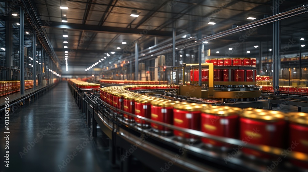 A long conveyor belt with red cans moving through an automated factory with bright lights. A long conveyor belt with red cans moving through an automated factory with bright lights.