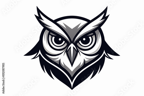 Minimalistic vector of an owl face with bold, clean lines. The owl features large expressive eyes, sharp pointed ears, and a symmetrical, stylized design. owl head silhouette vector illustration